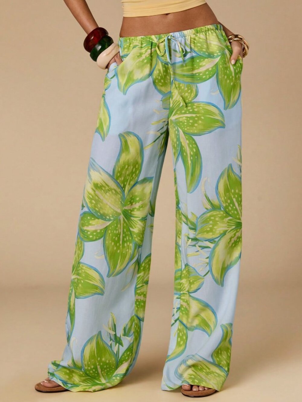Cantaloupe Yellow Boho Women's Vacation Floral Print Woven Loose Wide Leg